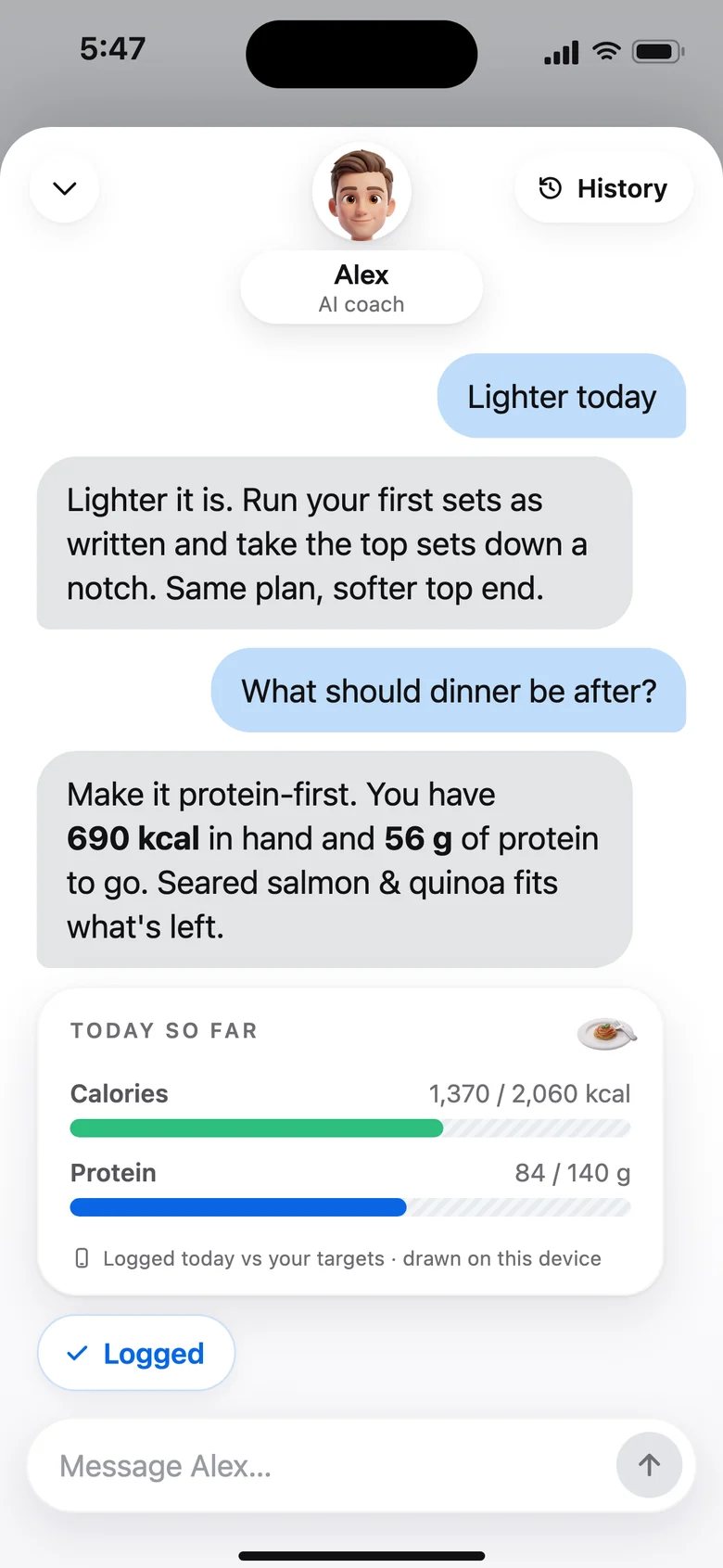 The AI coach, Alex, answering what dinner should be after a session, with a card showing today's calories and protein so far