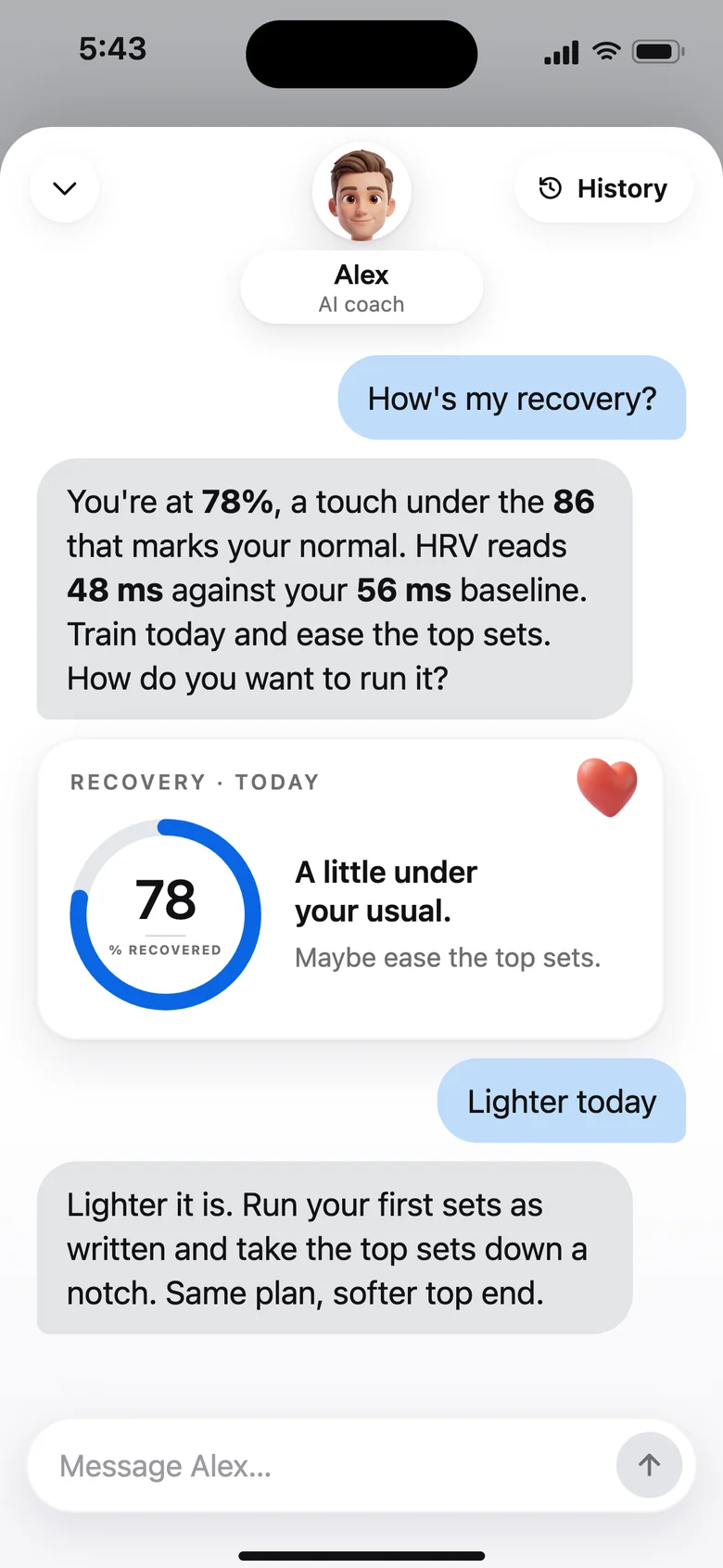 A reply about recovery with a card showing 78 percent