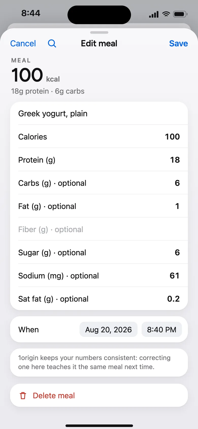 Edit meal screen where each number can be changed