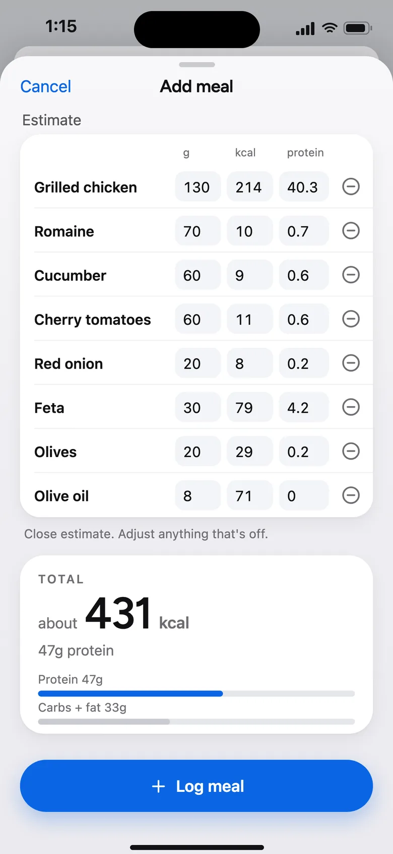 Photo estimate listing each food on the plate with editable numbers