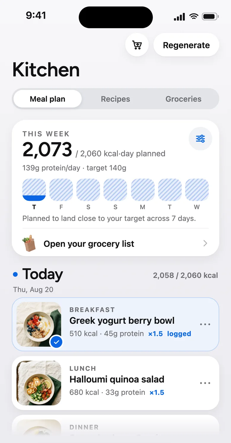 Kitchen screen with a full week of meals planned against a daily calorie target