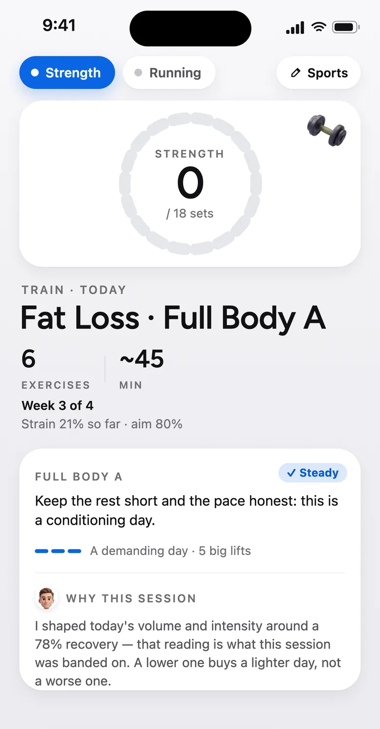 Today's session, Full Body A, with a note on why it was shaped this way